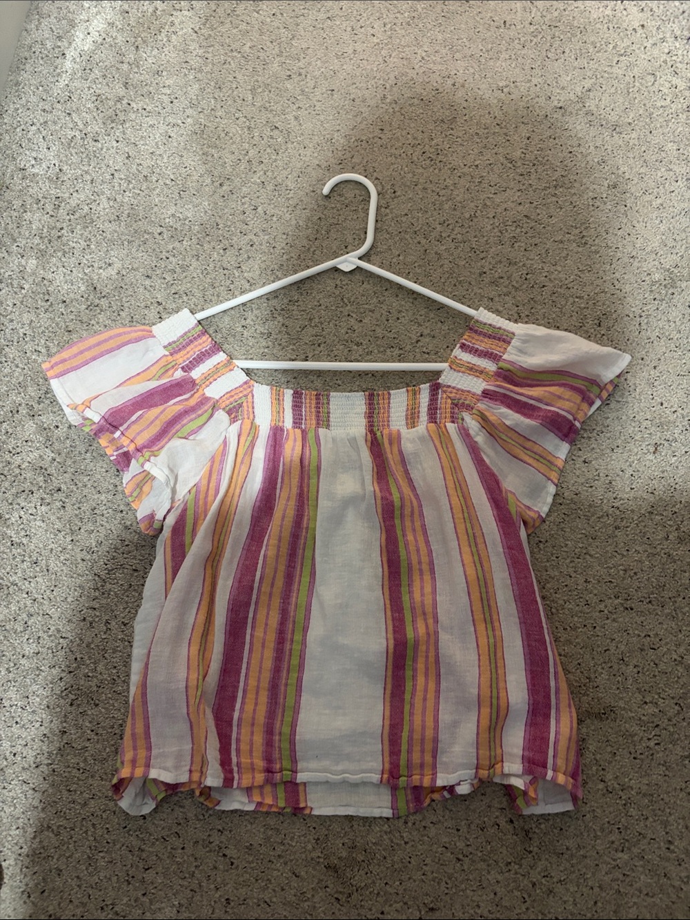 Rails Striped Off-Shoulder Crop Top in Pink, Yellow & Cream